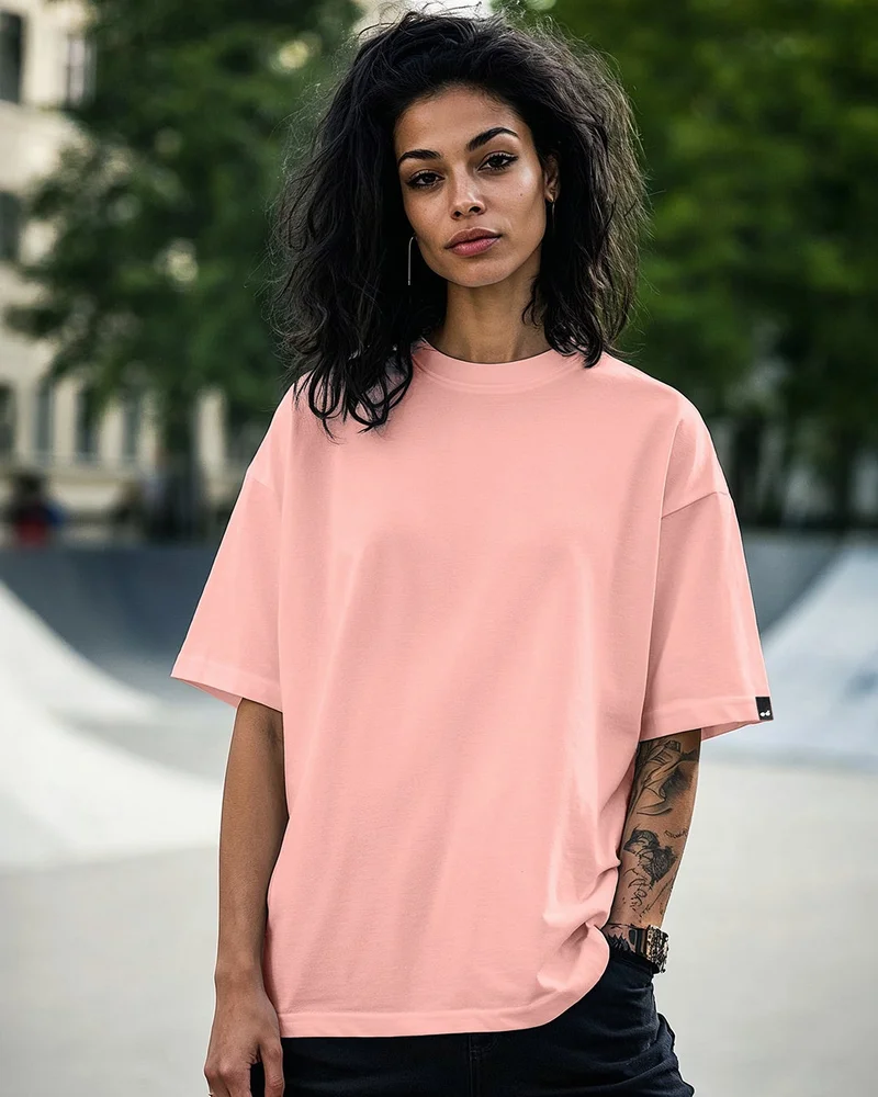 بيواكوف تيشيرت نسائي فضفاض بلون الورد الهادئ