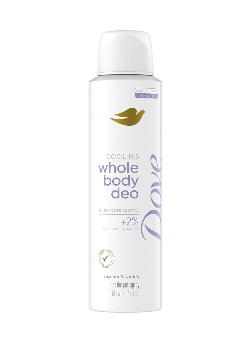 Dove Whole Body Deo Aluminum Free Invisible Spray Deodorant Coconut & Vanilla for 72h Odor Control 4 oz