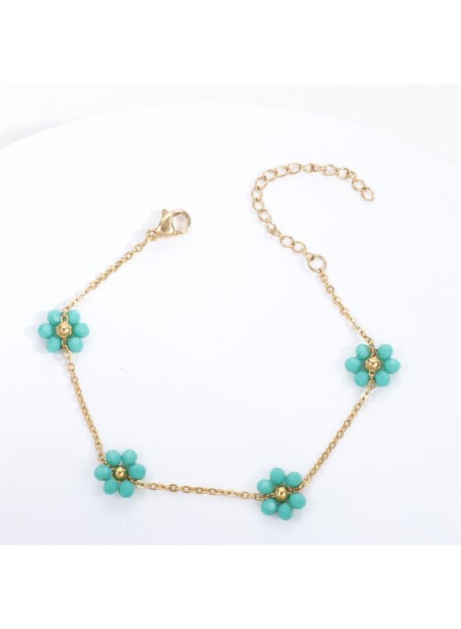 Cross Border Color Crystal Flower Pearl Flower Stainless Steel Dopamine Advanced Sense Style Titanium Steel Bracelet Ankle Chain For Women 