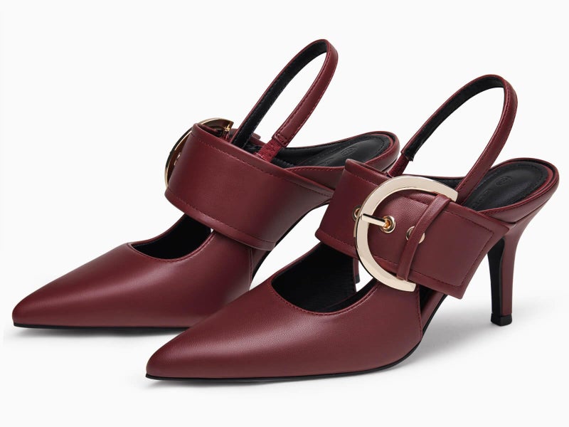 Coutgo Womens Slingback Pumps Closed Pointed Toe High Heels Belt Buckle Strap Dressy Work Shoes, Burgundy, Size 8 - Image 3