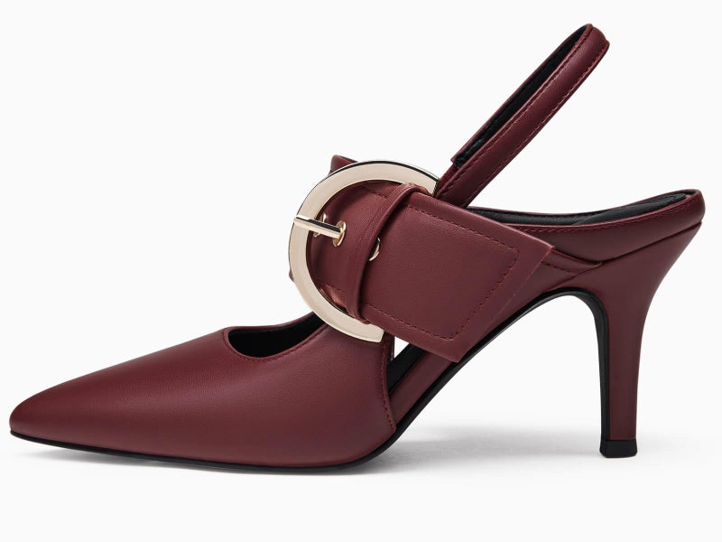 Coutgo Womens Slingback Pumps Closed Pointed Toe High Heels Belt Buckle Strap Dressy Work Shoes, Burgundy, Size 8 - Image 2