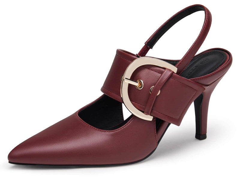 Coutgo Womens Slingback Pumps Closed Pointed Toe High Heels Belt Buckle Strap Dressy Work Shoes, Burgundy, Size 8 - Image 1