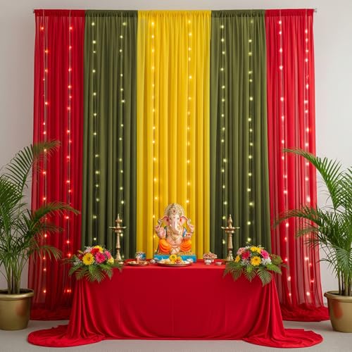 SpecialYou.in Special You Diwali Decoration for Home with Deepawali Decoration Items Backdrop Red, Green, Yellow Chiffon Like Curtains, Wall Decor Items for Living Room-11 Pcs - Image 1