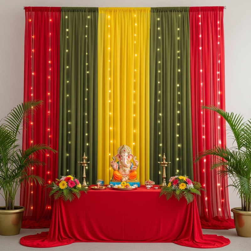 SpecialYou.in Special You Diwali Decoration for Home with Deepawali Decoration Items Backdrop Red, Green, Yellow Chiffon Like Curtains, Wall Decor Items for Living Room-11 Pcs - Image 2