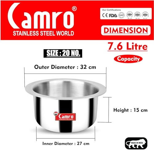 Camro Tripro Triply Artisian Patila Steel 7.6 Litre | Kitchen Tope Stainless Steel Bhagona | Cookware Patila For Cooking Boiling Steaming |Handi Sandwich Bottom | Induction Base & Gas Stove Compatible - Image 2