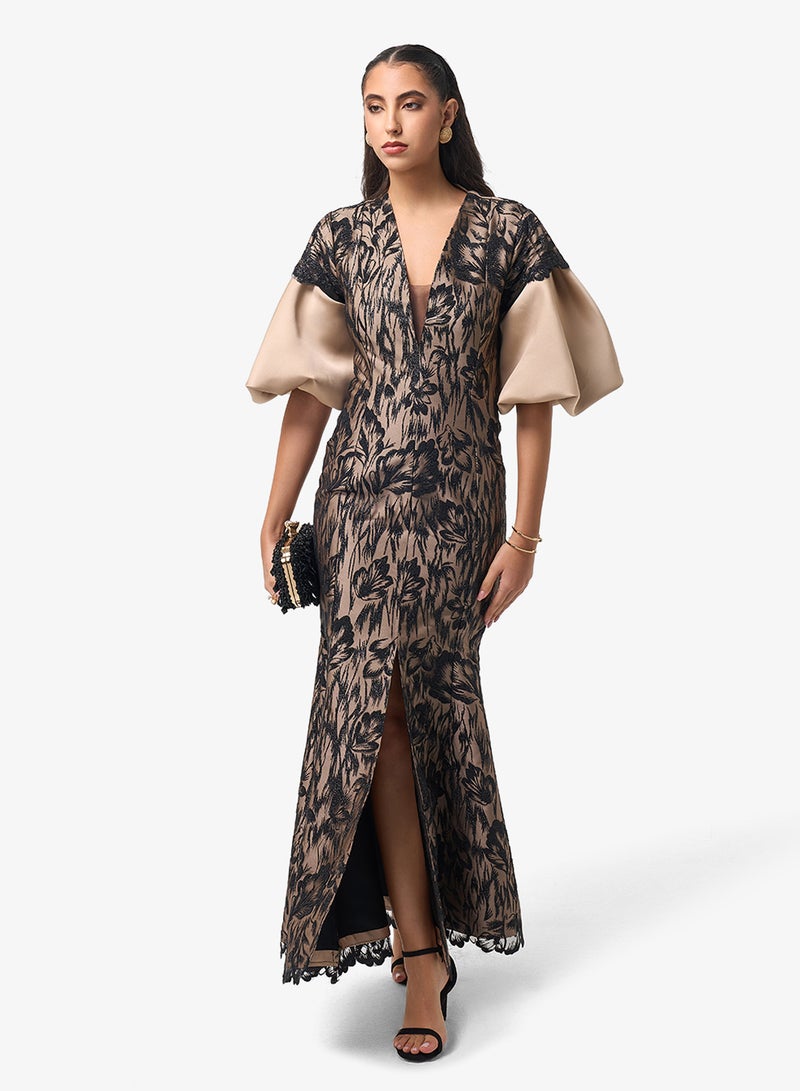 Threadz by Ajooni V-Neck Front Slit Puff Sleeve Maxi Dress - Image 1