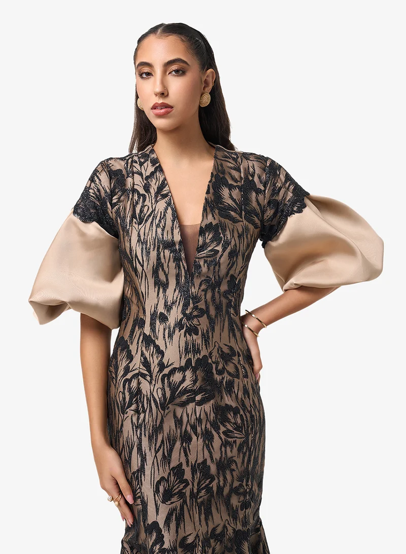Threadz by Ajooni V-Neck Front Slit Puff Sleeve Maxi Dress