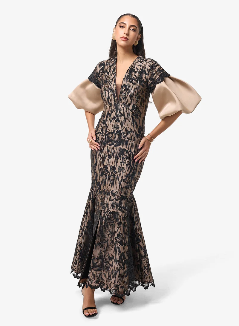 Threadz by Ajooni V-Neck Front Slit Puff Sleeve Maxi Dress