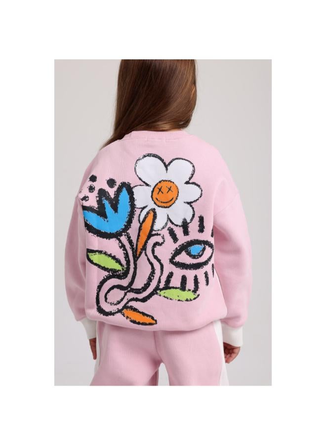 playmore Girls Cotton Sweatshirt – Off-White & Pink with Flowers Print - Image 3