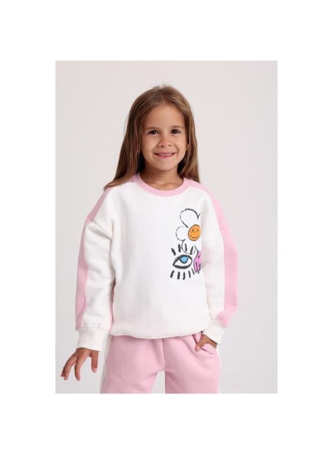 playmore Girls Cotton Sweatshirt – Off-White & Pink with Flowers Print - Image 1