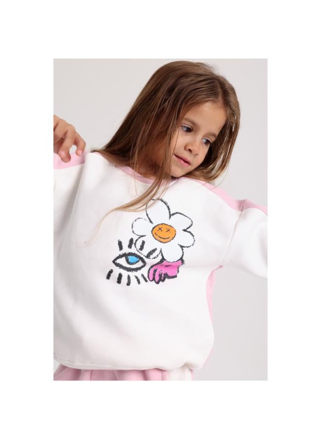 playmore Girls Cotton Sweatshirt – Off-White & Pink with Flowers Print - Image 2