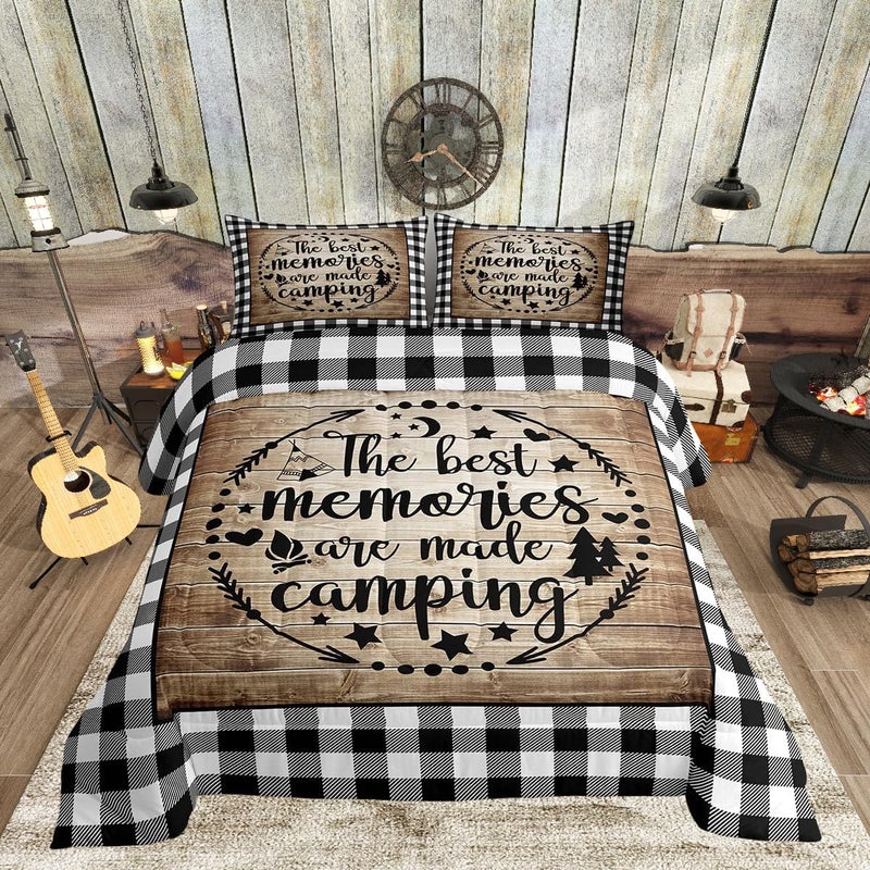 Man Fei Happy Camping Comforter Set Twin Size Camper RV Trailer Decor Bedding Set 2pcs for Kids Boys Girls Adults Rustic Wooden Plank Geometric Grids Down Comforter Brown Retro Duvet Insert 1 Pillowcase  - Image 2