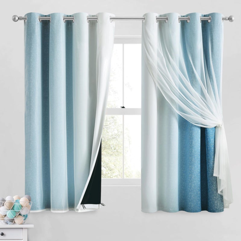 Geomoroccan 100% Blackout Curtains with Sheer Overlay Mix and Match Double Layer Drapes 63 Inch Length 2 Panels for Boys Bedroom Living Room Blue White Ombre Grommet Window Treatment with Tiebacks - Image 1