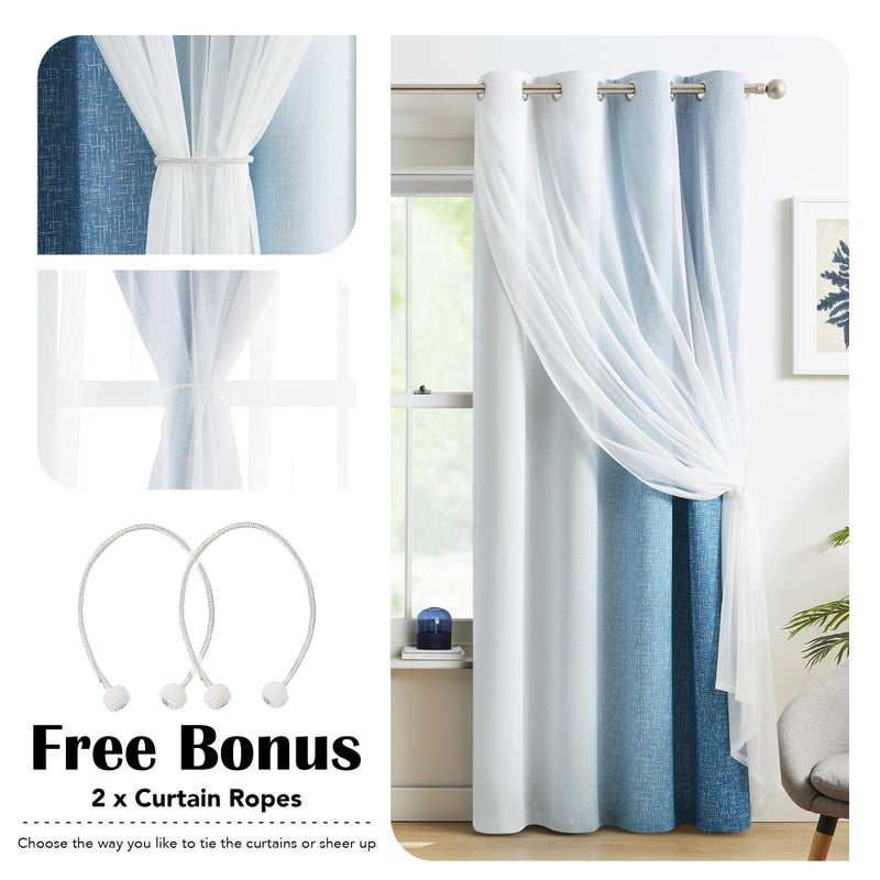 Geomoroccan 100% Blackout Curtains with Sheer Overlay Mix and Match Double Layer Drapes 63 Inch Length 2 Panels for Boys Bedroom Living Room Blue White Ombre Grommet Window Treatment with Tiebacks - Image 5