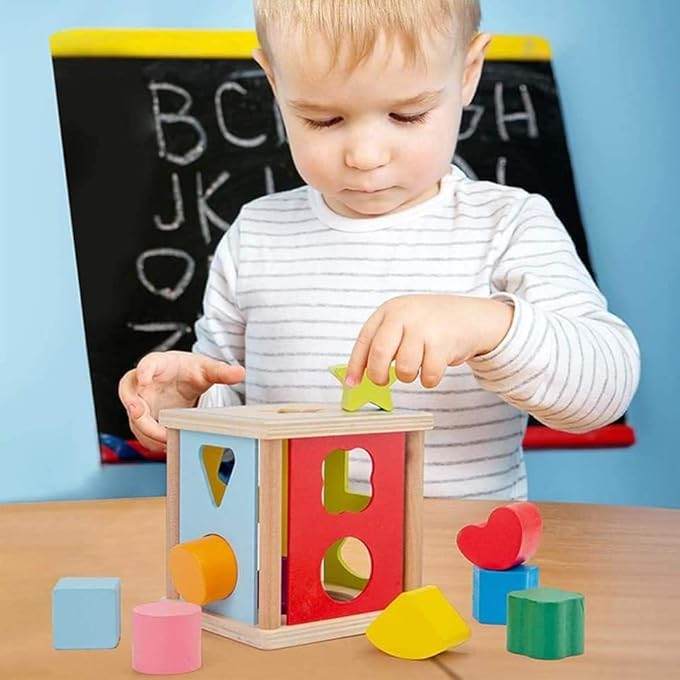 SHAPE SORTER BLOCKS TOY WOODEN GEOMETRIC BUILDING BLOCK CUBE BOX CLASSIC DEVELOPMENTAL TOY STAR SHAPE LEARNING MATCHING SORTING GIFTS FOR CHILDREN BOYS GIRLS EARLY EDUCATION TOYS - Image 4