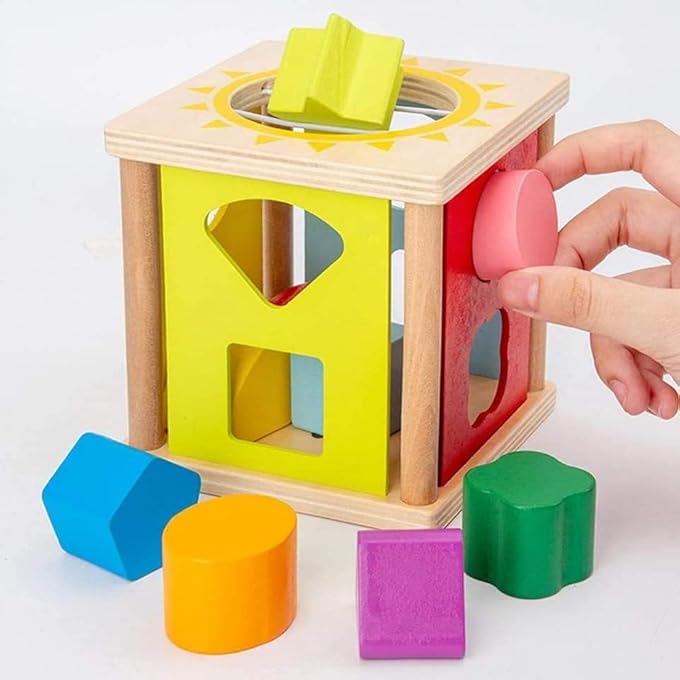 SHAPE SORTER BLOCKS TOY WOODEN GEOMETRIC BUILDING BLOCK CUBE BOX CLASSIC DEVELOPMENTAL TOY STAR SHAPE LEARNING MATCHING SORTING GIFTS FOR CHILDREN BOYS GIRLS EARLY EDUCATION TOYS - Image 1