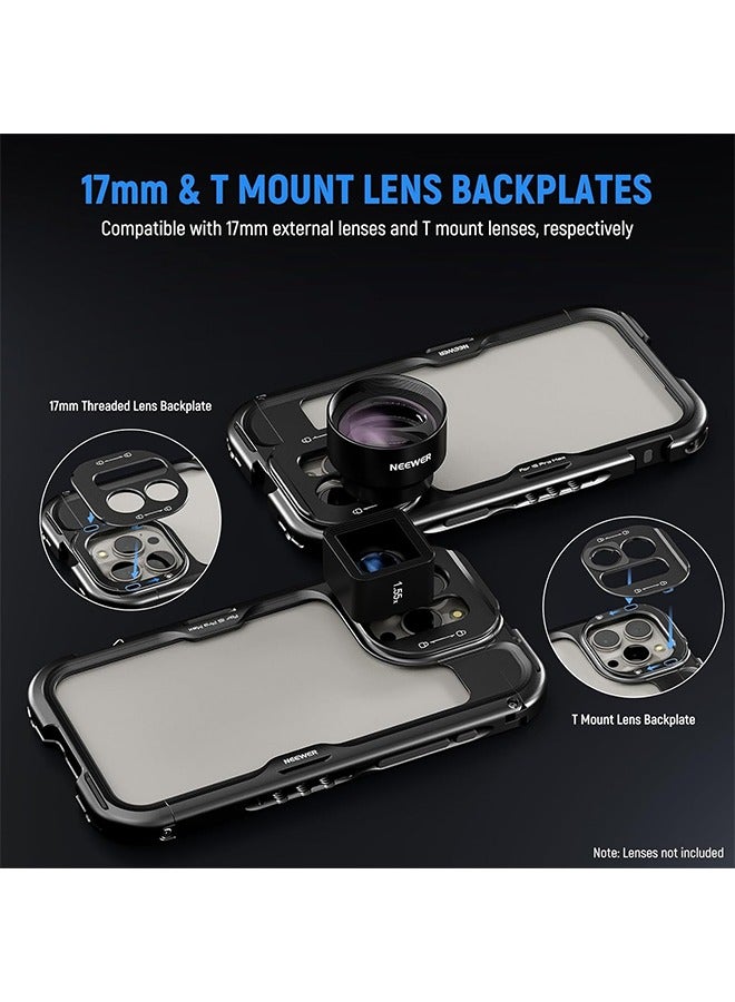NEEWER 15 Pro Cage 【2nd Gen】, Video Rig Phone Stabilizer with Quick Release Side Handle, 67mm Filter Adapter, 17mm Lens Backplate, T Mount Lens Adapter Compatible with Moment, PA043+PA045B - Image 4
