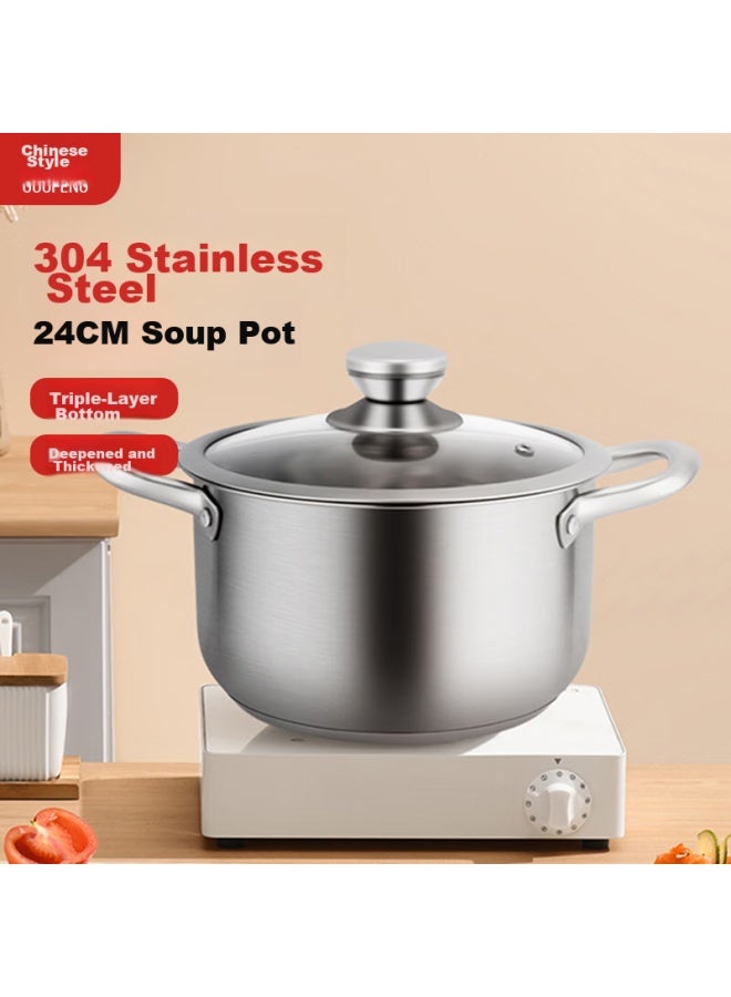 Guofeng 304 Stainless Steel Soup Pot With Heat-resistant Handle, Thickened Base, 24cm, For Home Use, Stewing Pot, Cooking Pot, Compatible With Gas And Induction Cooktops - Image 1