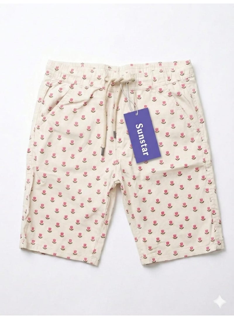 Printed Cotton Shorts – Off-White Floral Casual Summer Shorts with Drawstring Waist