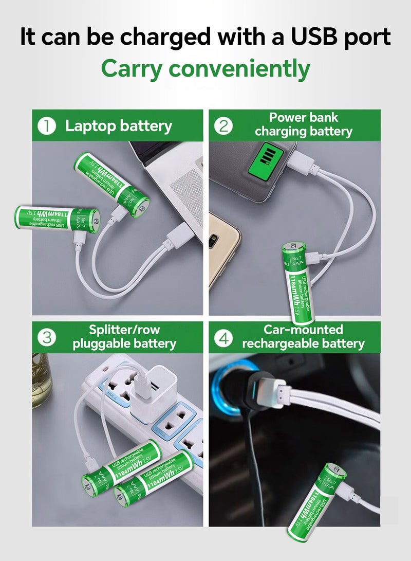 Delipow بطارية AAA قابلة للشحن USB-C، بطارية ليثيوم رقم 7، 1184mWh، مع كابل شحن Type-C، جهد ثابت 1.5 فولت، أكثر من 1200 دورة شحن. بطارية AAA قابلة للشحن لجهازات التحكم عن بعد والأجهزة الإلكترونية المنزلية وأجهزة الألعاب - Image 2