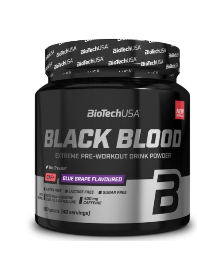 مسحوق ما قبل التمرين من BioTechUSA Black Blood CAF، بنكهة العنب الأزرق، يحتوي على الكافيين لزيادة الطاقة والتركيز والقدرة على التحمل، 300 غرام
