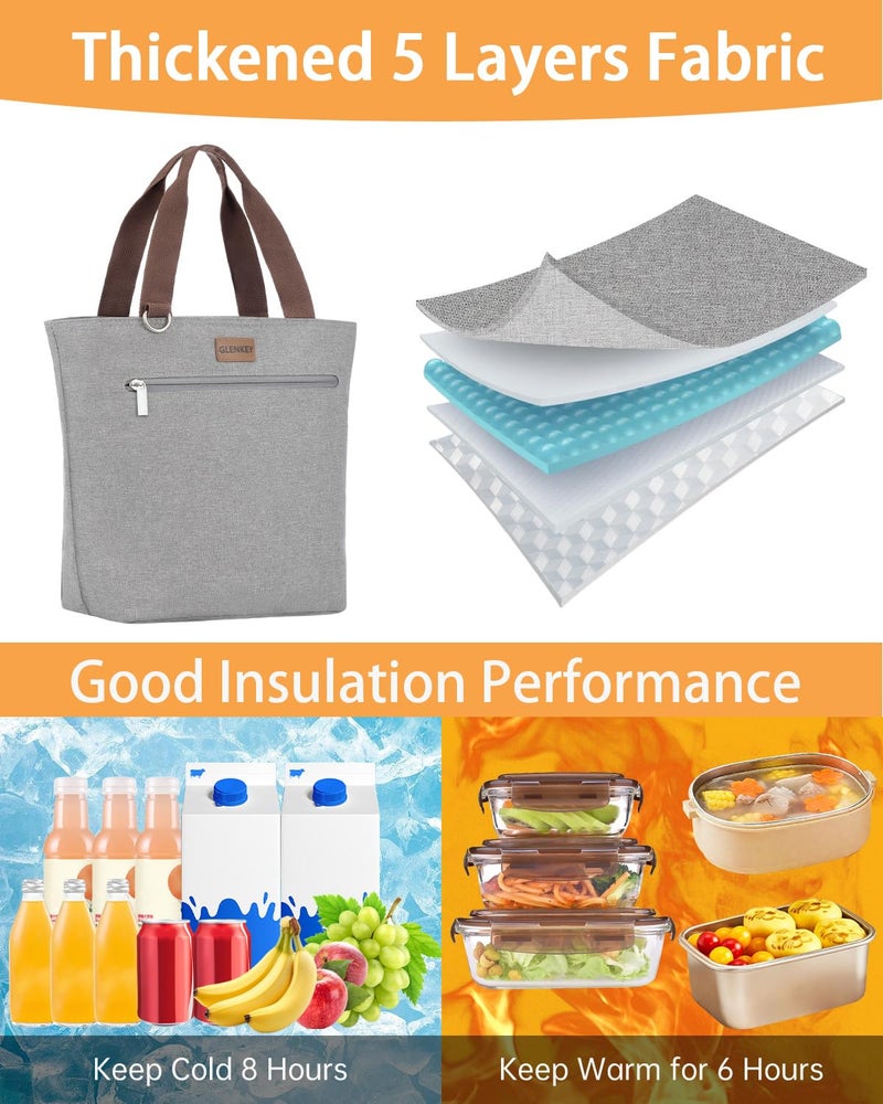 GLENKEY Insulated Lunch Bag Tote Lunch Box - Large Leakproof Cooler Bags for Adults - Soft Lunchbox for Women Work Shift Outdoor Travel Grey 8L - Image 5