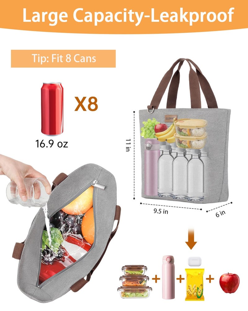 GLENKEY Insulated Lunch Bag Tote Lunch Box - Large Leakproof Cooler Bags for Adults - Soft Lunchbox for Women Work Shift Outdoor Travel Grey 8L - Image 2