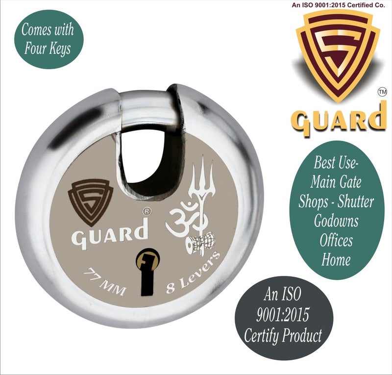 S-GUARD Heavy Duty Shutter Lock For Main Gate, Godown, Trucks Channel Gate Main Door, Office & Commercial Use, Durable 77MM Iron Body with 8 Lever Security Mechanism, Pack of 3 (Silver-Golden Design4) - Image 2