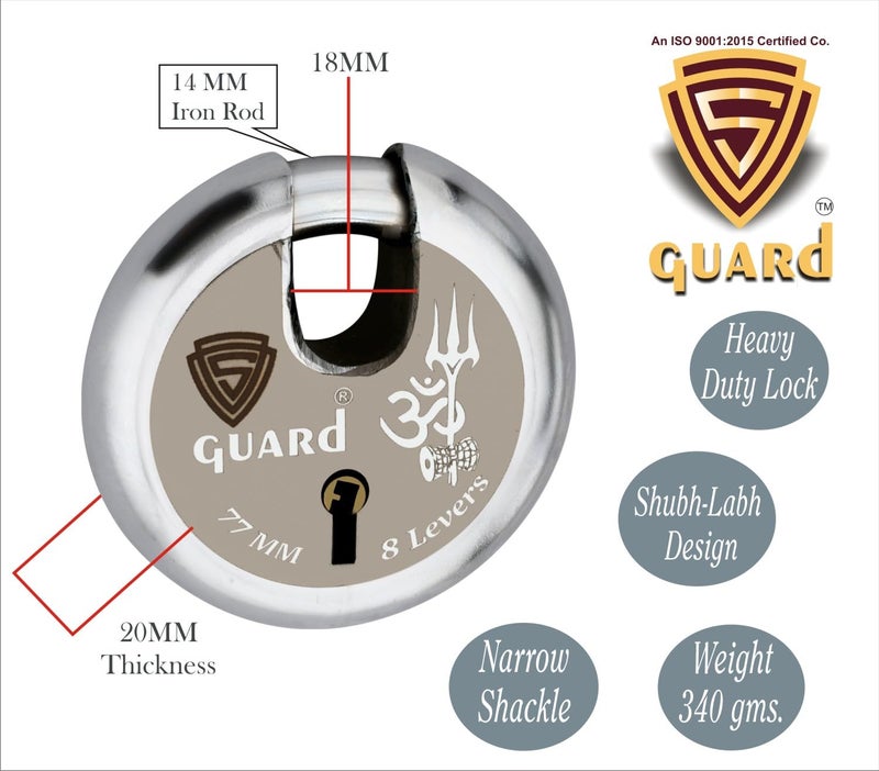 S-GUARD Heavy Duty Shutter Lock For Main Gate, Godown, Trucks Channel Gate Main Door, Office & Commercial Use, Durable 77MM Iron Body with 8 Lever Security Mechanism, Pack of 3 (Silver-Golden Design4) - Image 3