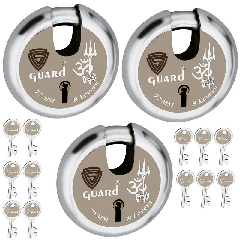 S-GUARD Heavy Duty Shutter Lock For Main Gate, Godown, Trucks Channel Gate Main Door, Office & Commercial Use, Durable 77MM Iron Body with 8 Lever Security Mechanism, Pack of 3 (Silver-Golden Design4) - Image 1
