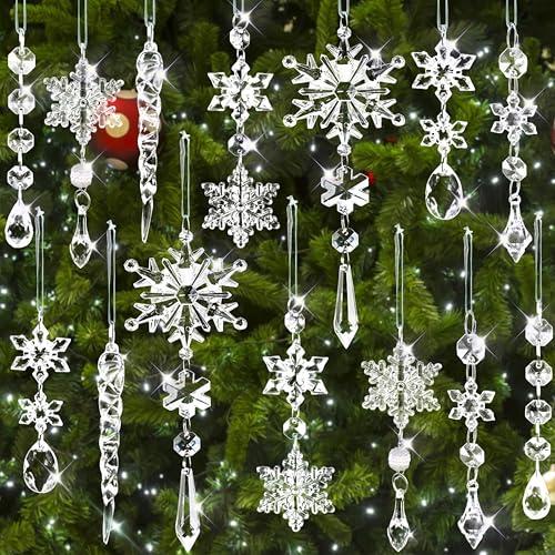 VOVEA Christmas Tree Decorations Crystal Ornaments - 20Pcs Sparkling Christmas Ornaments Set Hanging Icicle Snowflake Ornaments for Xmas Tree Winter Wonderland Decorations Holiday Home Decor, Pre-Strung - Image 1