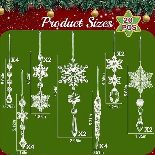 VOVEA Christmas Tree Decorations Crystal Ornaments - 20Pcs Sparkling Christmas Ornaments Set Hanging Icicle Snowflake Ornaments for Xmas Tree Winter Wonderland Decorations Holiday Home Decor, Pre-Strung - Image 3