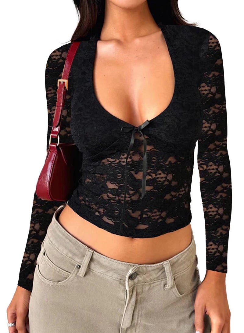 Falechay Sexy Tops for Women Spring Break Outfit Women y2k Clothes Lace Top Womens Blouses Going Out Outfits Trendy Sexy Ladies Cute Clothing Bow Low Cut Shirts Woman Club Tshirts Trending Black L - Image 1