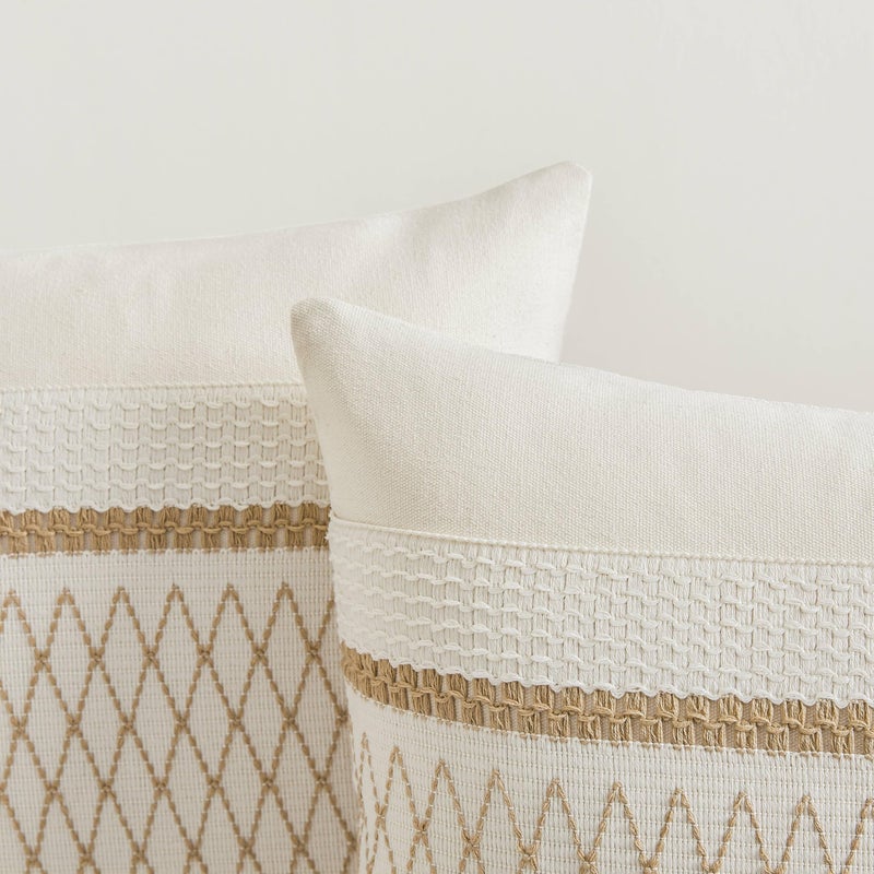ZeeMart 2 Packs Cotton Boho Lumbar Throw Pillow Covers 12x20 Inch Grid Brown  Soft Farmhouse Decorative Couch Pillow Cases Neutral Cushion Covers for Sofa Bed Living Room Home Decor - Image 2