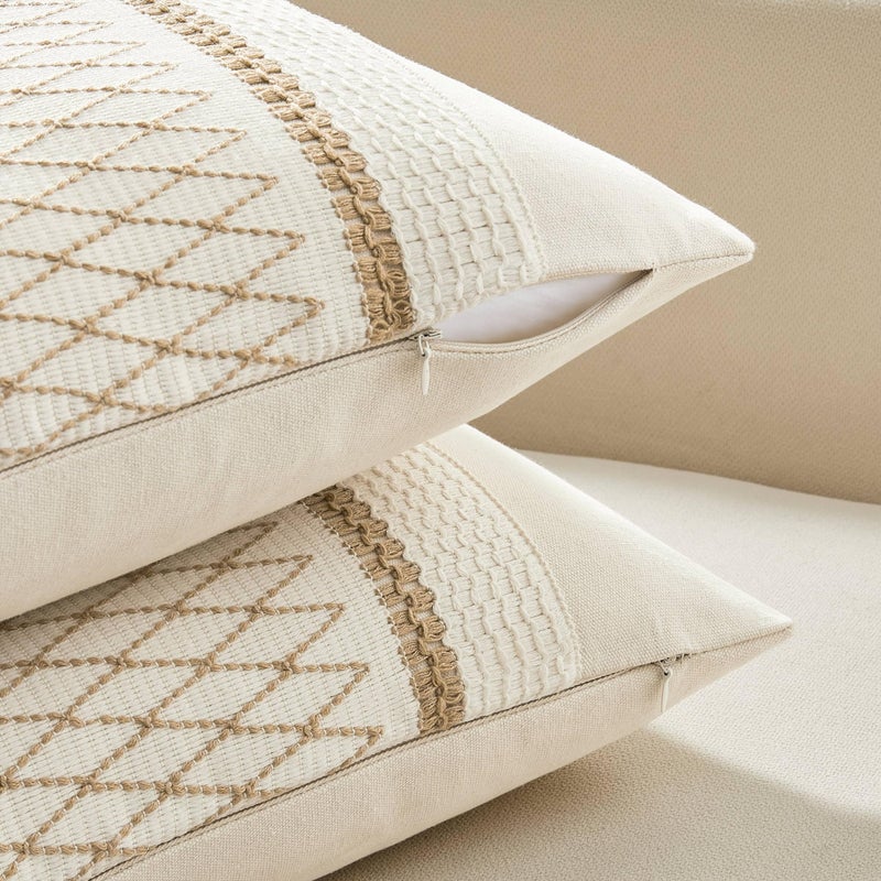 ZeeMart 2 Packs Cotton Boho Lumbar Throw Pillow Covers 12x20 Inch Grid Brown  Soft Farmhouse Decorative Couch Pillow Cases Neutral Cushion Covers for Sofa Bed Living Room Home Decor - Image 3