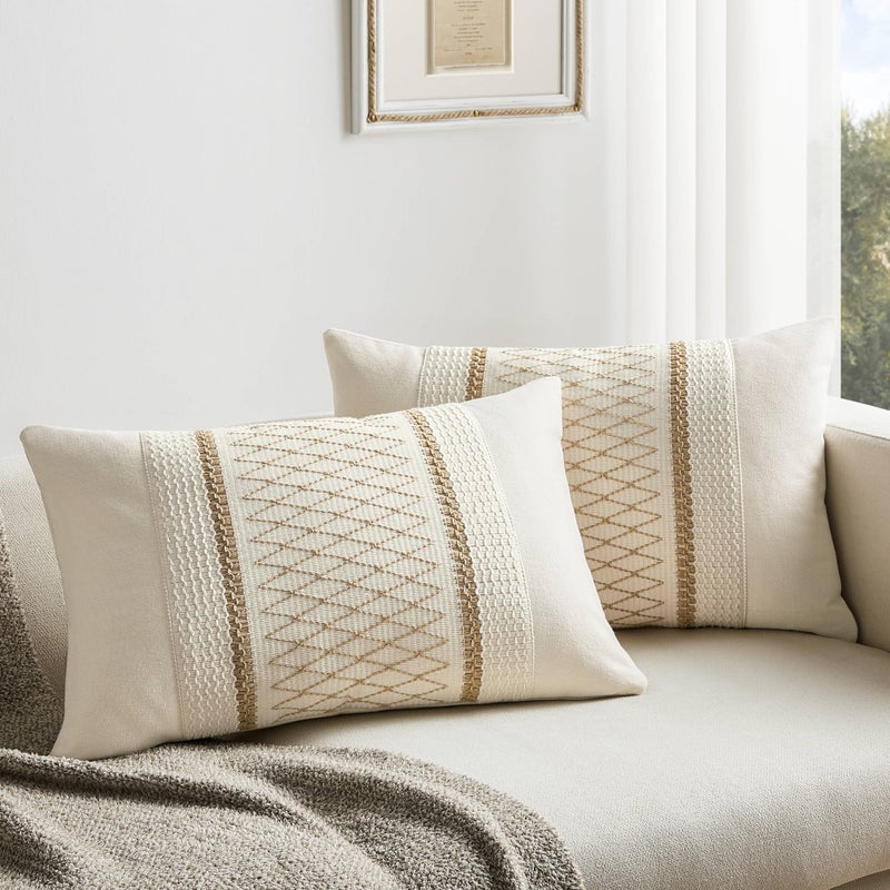ZeeMart 2 Packs Cotton Boho Lumbar Throw Pillow Covers 12x20 Inch Grid Brown  Soft Farmhouse Decorative Couch Pillow Cases Neutral Cushion Covers for Sofa Bed Living Room Home Decor - Image 1