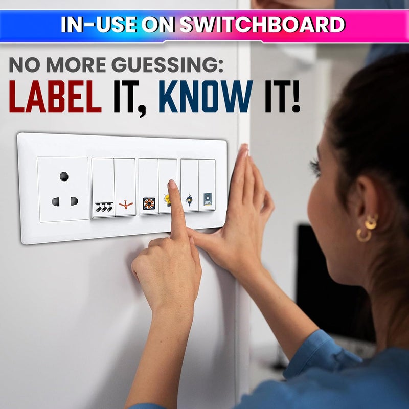 amiciCare ملصقات لوحات المفاتيح – 42 تصميم فريد مع 442 أيقونة سهلة القراءة للمنزل والمكتب | مقاومة للماء، ذاتية اللصق | تحكم طاقة مرتب ومنظم | مروحة، ضوء، تلفاز، مكيف هواء والمزيد - Image 3