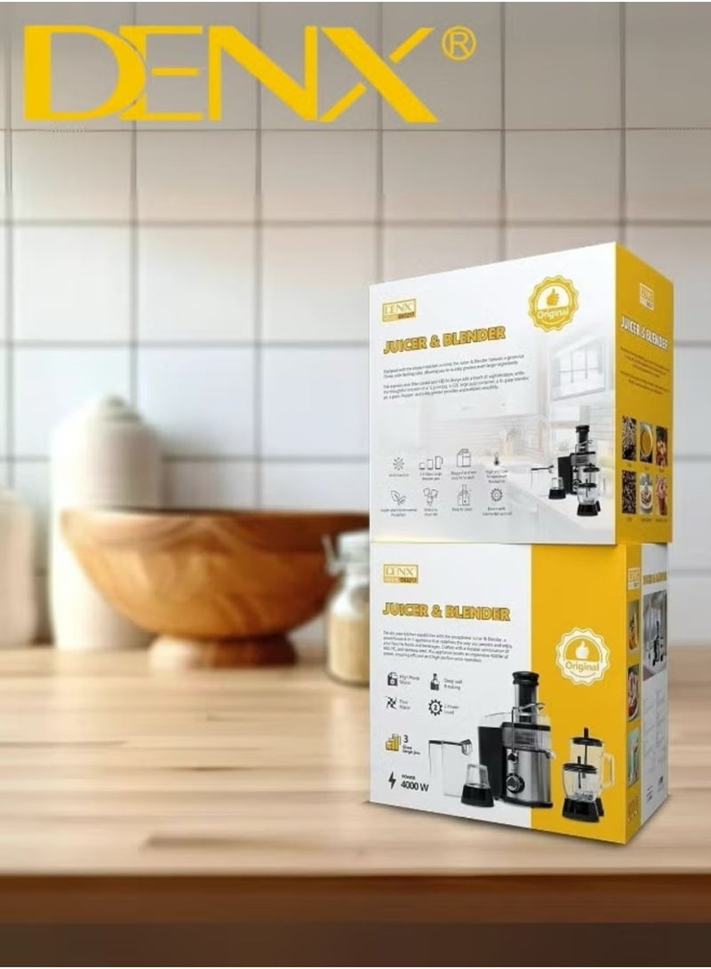 دينكس عصارة وخلاط DENX DX3217 متعدد الوظائف 4 في 1، مزود بـ 3 أوعية زجاجية، ومحرك قوي 4000 واط، مع قدرة على سحق الثلج وتحكم حراري – الخيار الأمثل للخلط الصحي والسريع - Image 4