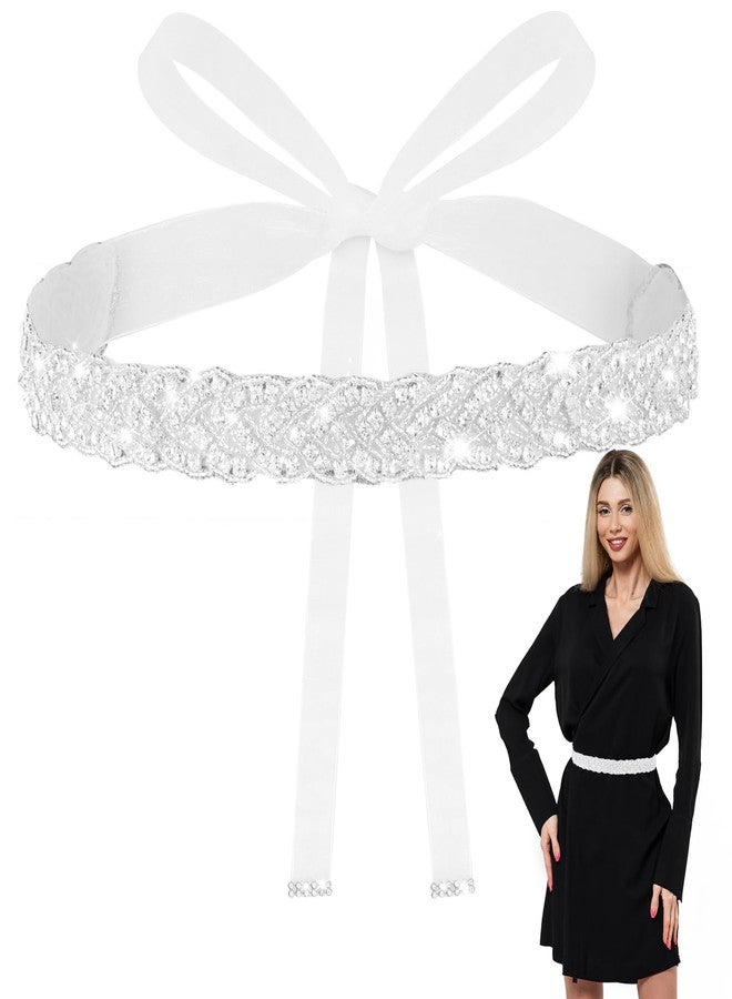 Aster Bridal Rhinestone Belt for Women, Sparkly Formal Wedding Dress Belt with Glitter Ribbon (White) - Image 1