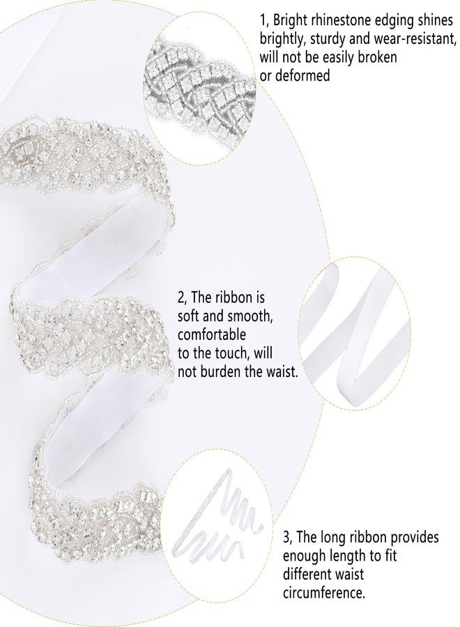 Aster Bridal Rhinestone Belt for Women, Sparkly Formal Wedding Dress Belt with Glitter Ribbon (White) - Image 3