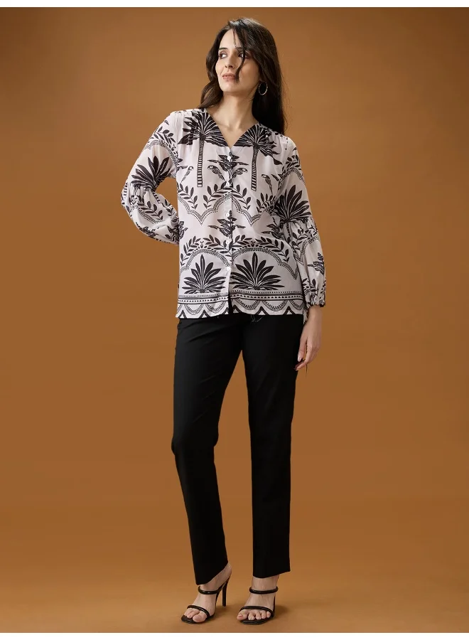globus Women Black & White Tribal Print V-Neck Bishop Sleeves Shirt Style Top