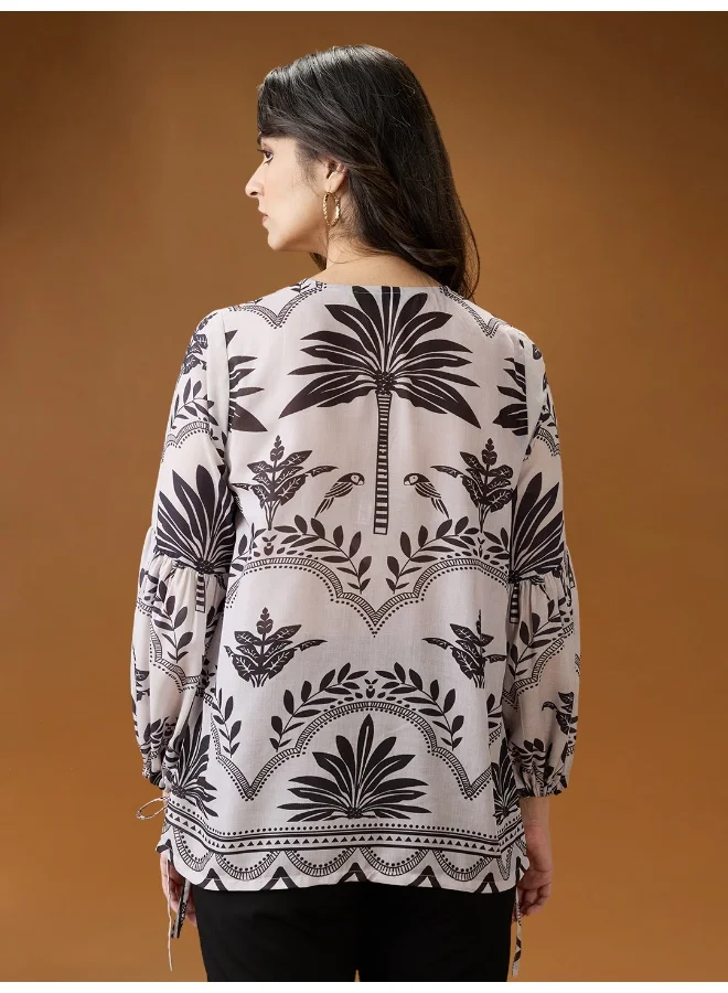 globus Women Black & White Tribal Print V-Neck Bishop Sleeves Shirt Style Top