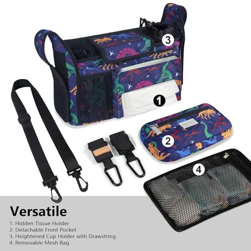 TOPDesign Universal Baby Stroller Organizer Stroller Caddy with Detachable Mesh Bag Heightened Insulated Cup Holders NonSlip Secure Hooks Accessories Fits Most Strollers Dino Fossils - Image 3