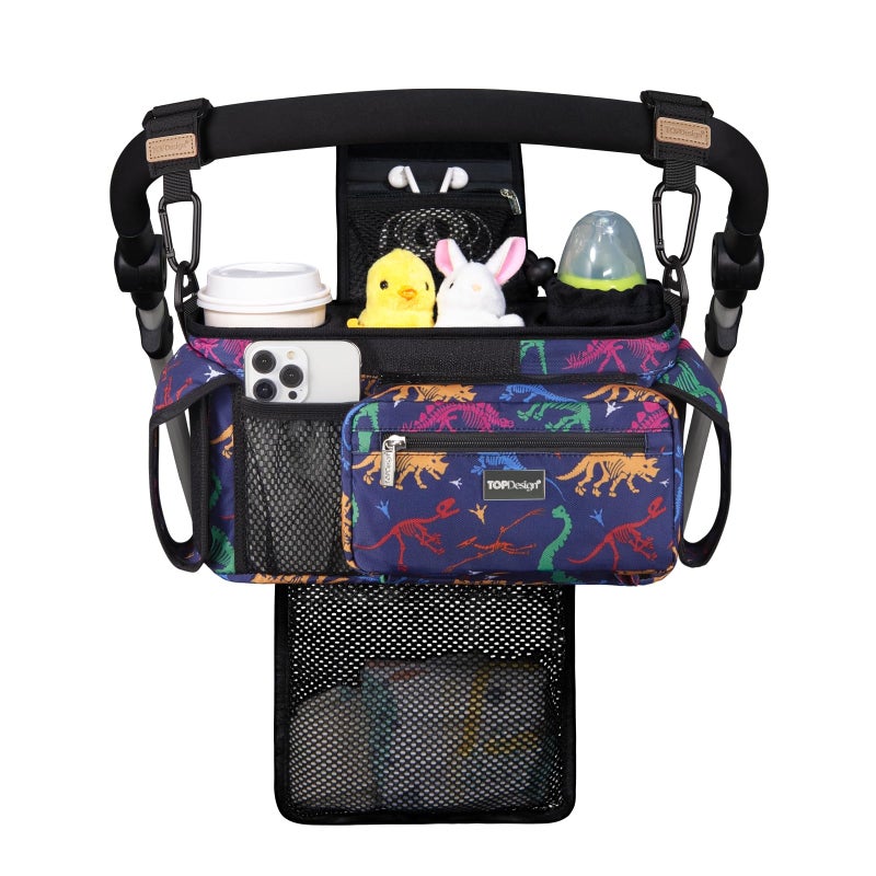 TOPDesign Universal Baby Stroller Organizer Stroller Caddy with Detachable Mesh Bag Heightened Insulated Cup Holders NonSlip Secure Hooks Accessories Fits Most Strollers Dino Fossils - Image 2