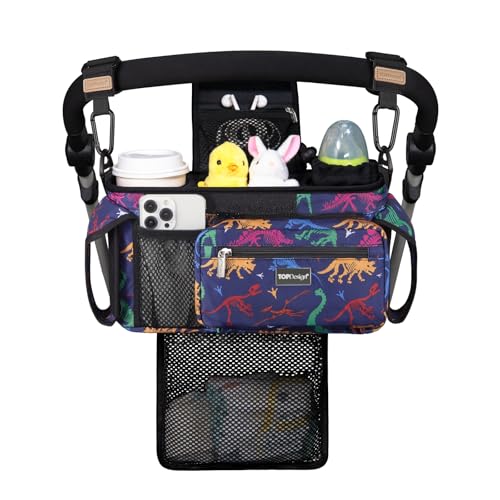 TOPDesign Universal Baby Stroller Organizer Stroller Caddy with Detachable Mesh Bag Heightened Insulated Cup Holders NonSlip Secure Hooks Accessories Fits Most Strollers Dino Fossils - Image 1