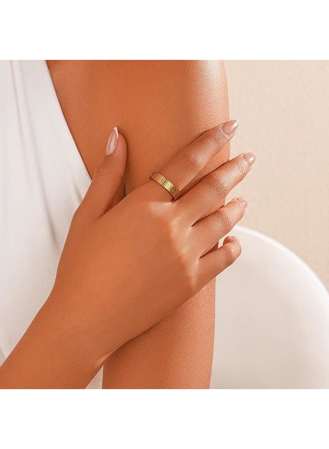 PDWZNBA Linear Stripe Textured Ring | 14K Gold-Plated Stainless Steel Promise & Friendship Ring, Wedding Band, Birthday Gifts for Women, 9, Steel Stone CZ, Cubic Zirconia - Image 2