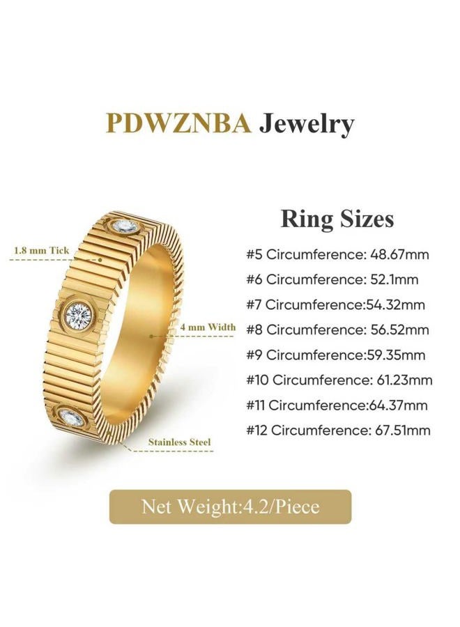 PDWZNBA Linear Stripe Textured Ring | 14K Gold-Plated Stainless Steel Promise & Friendship Ring, Wedding Band, Birthday Gifts for Women, 9, Steel Stone CZ, Cubic Zirconia - Image 5