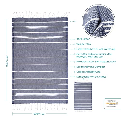 Cacala 100% Turkish Cotton Kitchen Tea Towels, Highly Absorbent Luxury Soft Quick Drying Dish Towel with Hanging Loop for Gym, Yoga, Bath, Sports, Cleaning and Kitchen (23 x 36), Dark Blue - Image 3
