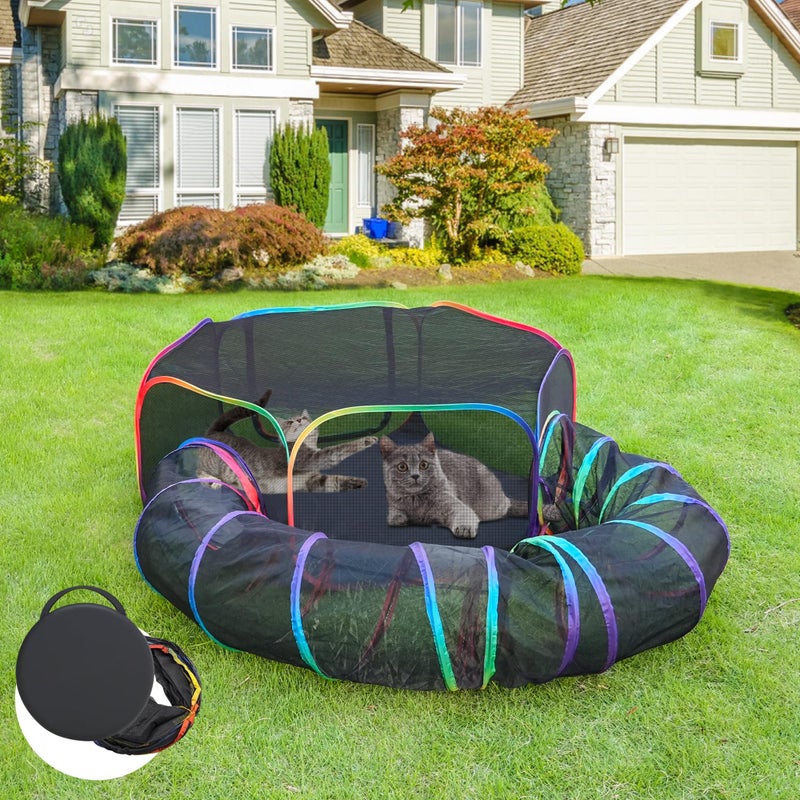 PLITTPETTS Outdoor Cat Enclosures, Portable Rainbow Catio Playground with Storage Bag & 4 Tent Stakes for Cats and Small Animals, Foldable Cat Playpen with Tunnel for Outside and Indoor Play - Image 1