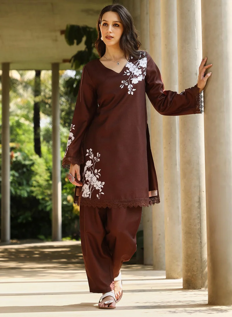 QISSA Women's Chocolate Brown Flora-Block Kurta Set For Casual Wear | V-Neck | Quarter Regular Sleeves | 3 Piece Kurta Set Designed With Comfort Fit For Everyday Ethnic Wear